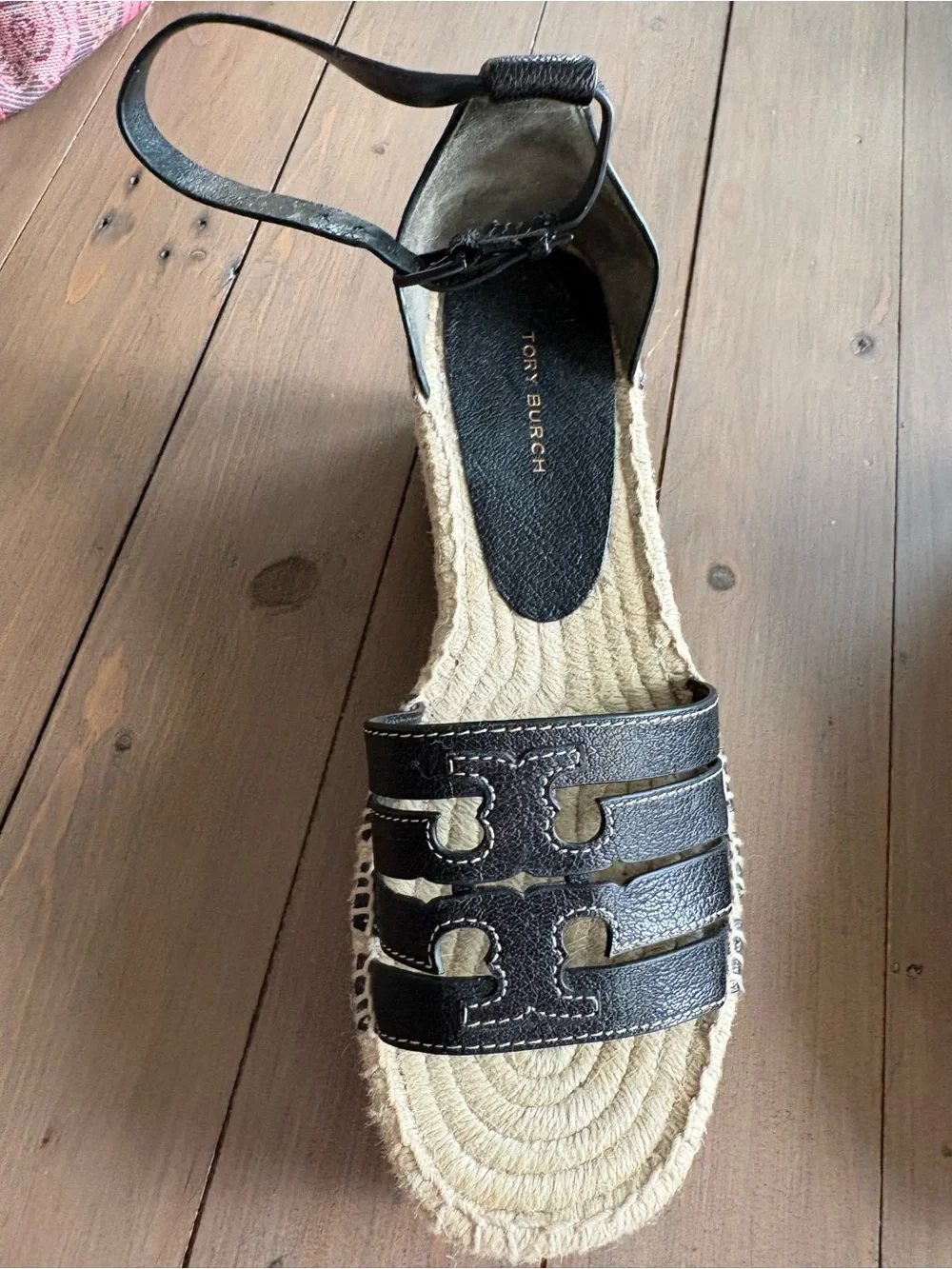 Tory Burch Black Leather Espadrille Wedges with Ankle Strap
